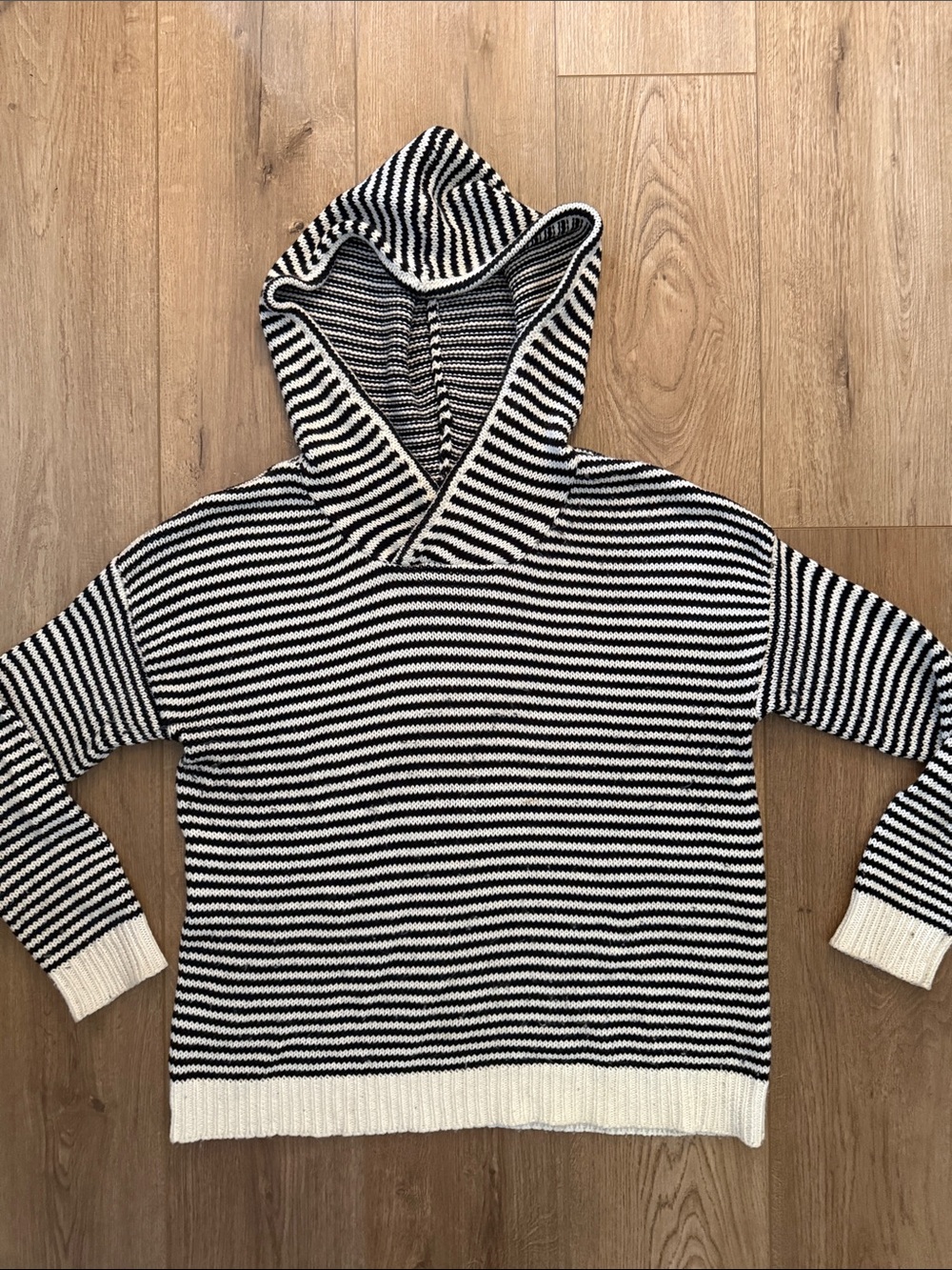 Anthropologie Black and White Striped Knit Hooded Sweater Nautical Vibe Size M